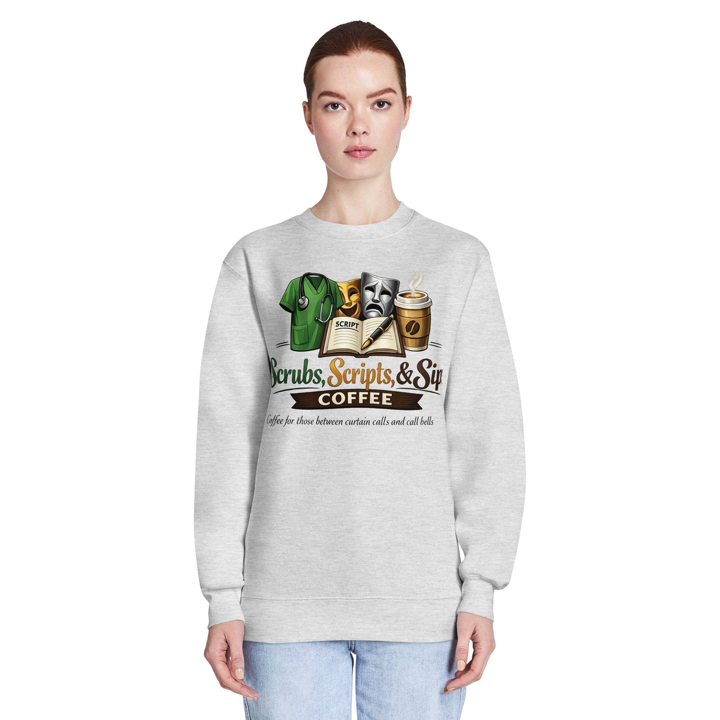 Unisex Premium Crew Neck Sweatshirt featuring a graphic design with medical scrubs and coffee theme.