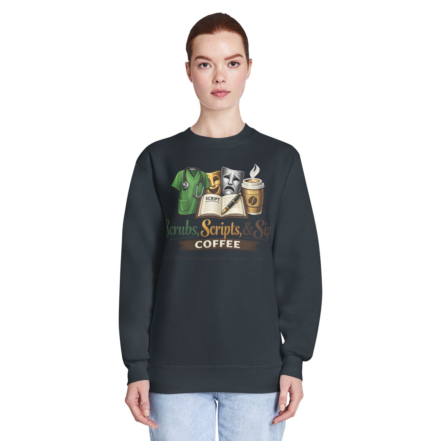Unisex Premium Crew Neck Sweatshirt featuring coffee and scrub-themed graphic design.