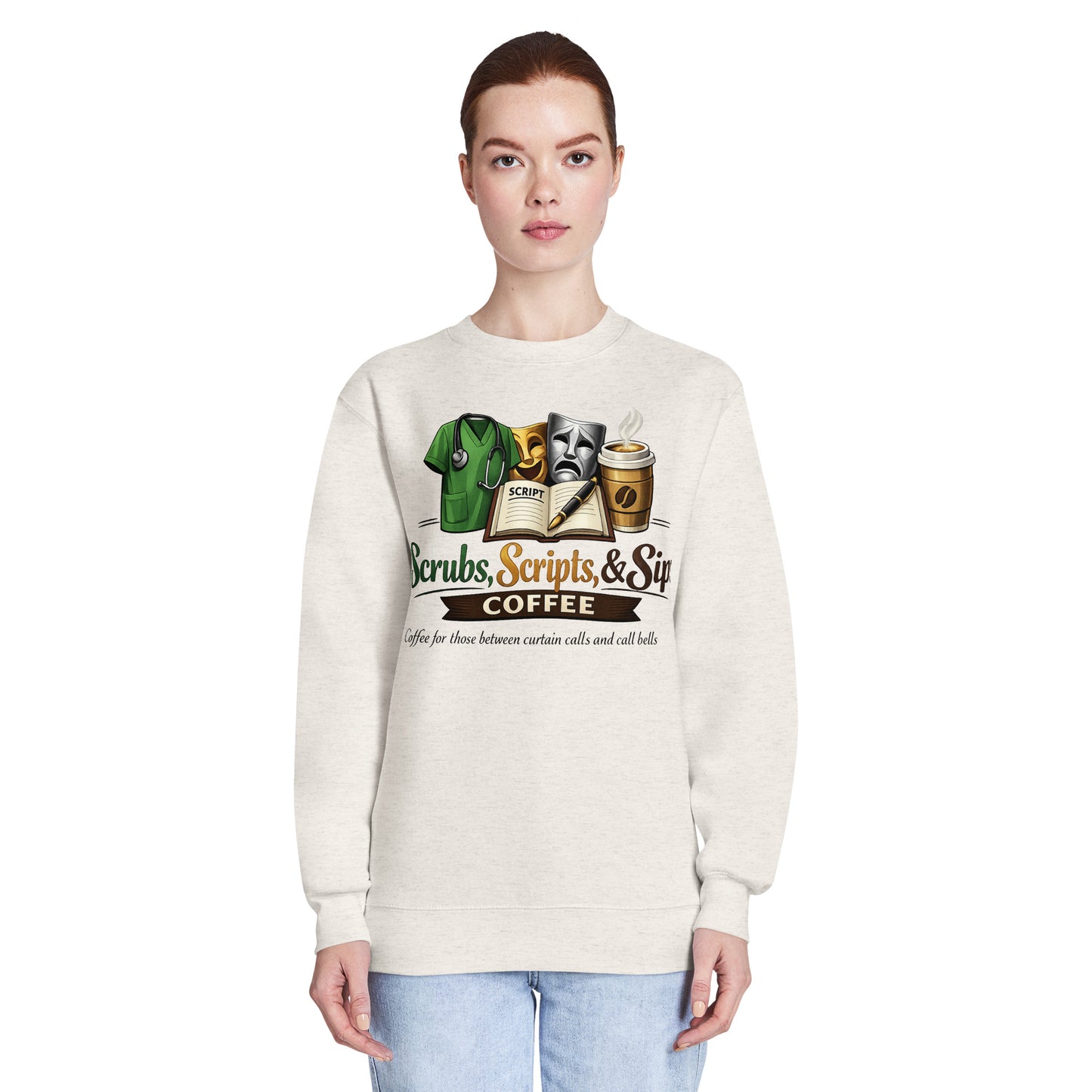 Unisex Premium Crew Neck Sweatshirt featuring Scrubs, Scripts & Sip Coffee graphic design, ideal for casual wear.