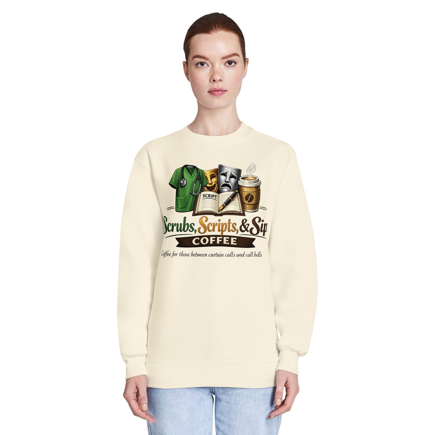 Unisex Premium Crew Neck Sweatshirt featuring playful graphics of scrubs, coffee cups, and theatrical masks.