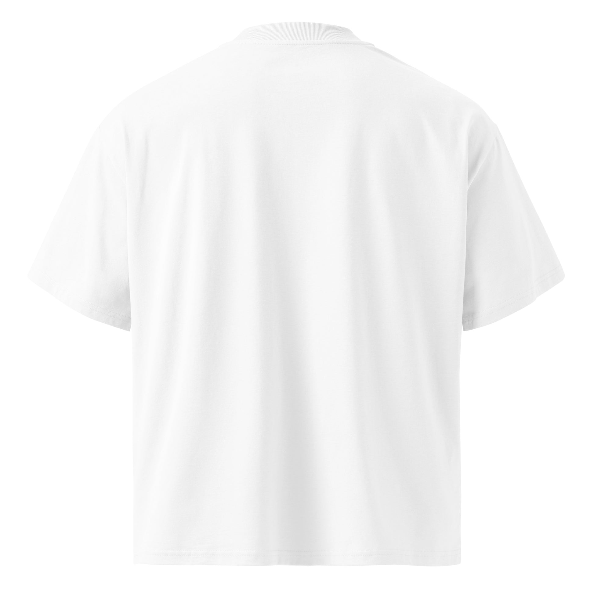 Back view of unisex organic oversized high neck t-shirt made from 100% organic cotton.