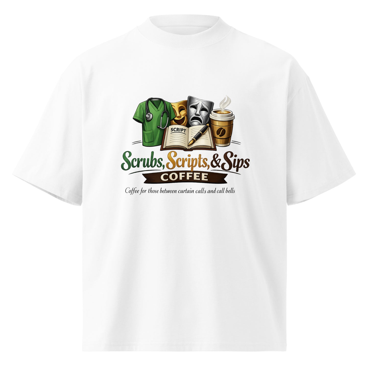 Unisex organic oversized high neck t-shirt featuring Scrubs, Scripts & Sips coffee graphic for casual wear.