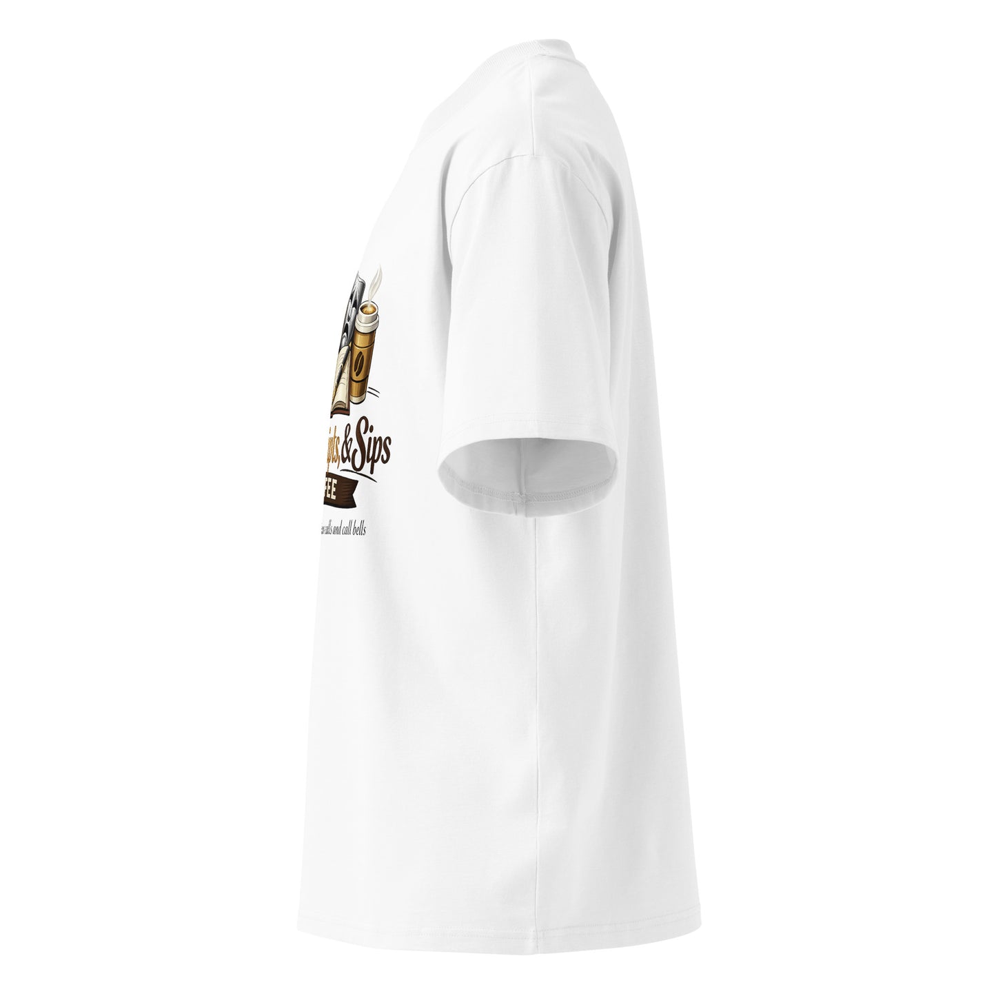 Unisex organic oversized high neck t-shirt side view in white with graphic design.