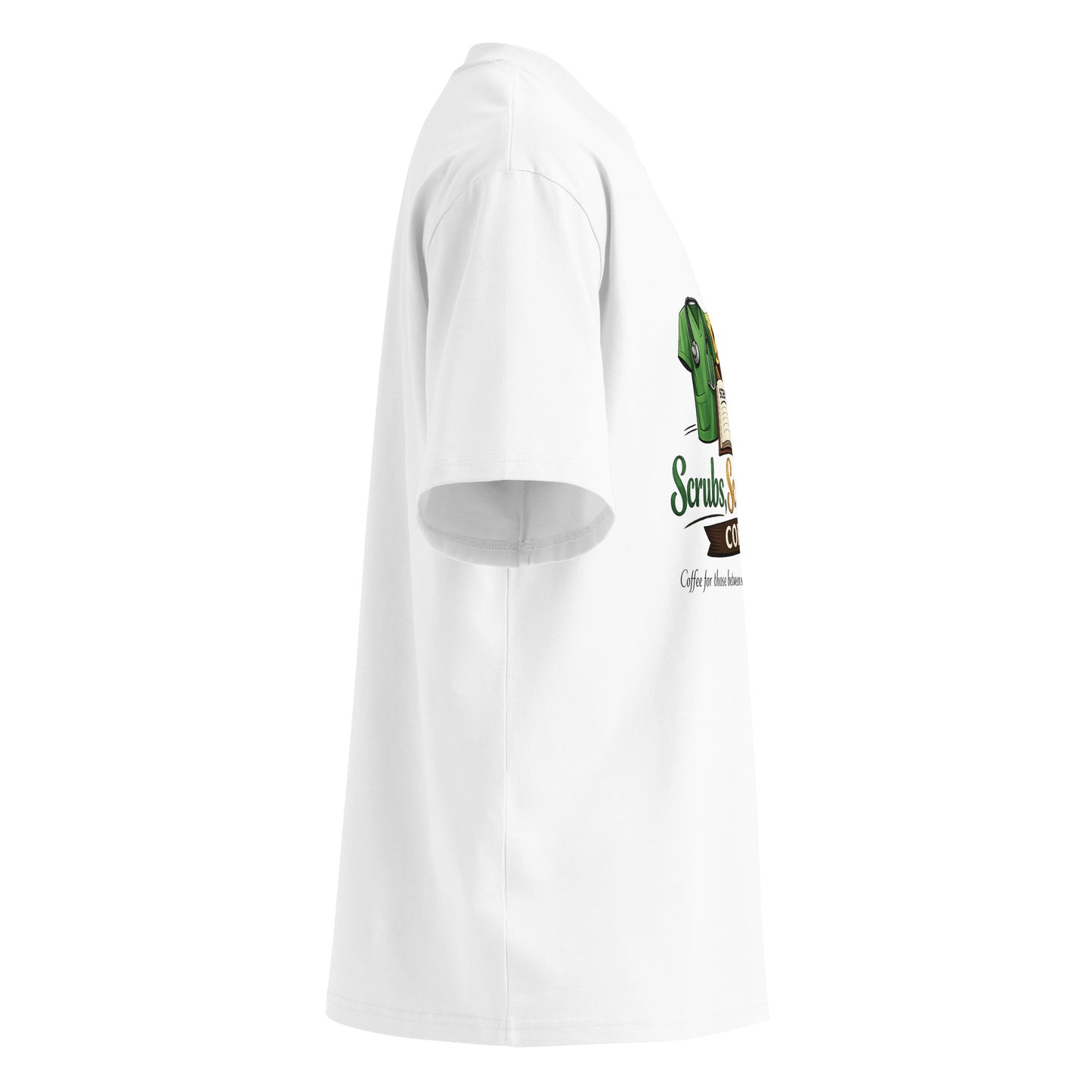 Unisex organic oversized high neck t-shirt displayed side view, featuring a playful design and relaxed fit.